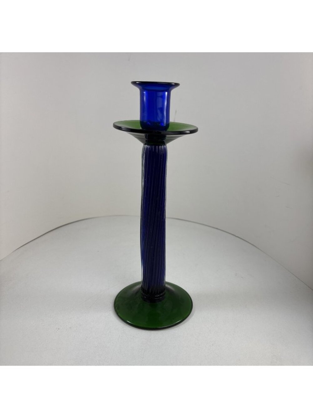 Vintage Handblown Cobalt Blue And Green Glass Single Candle Holder 9 Inch